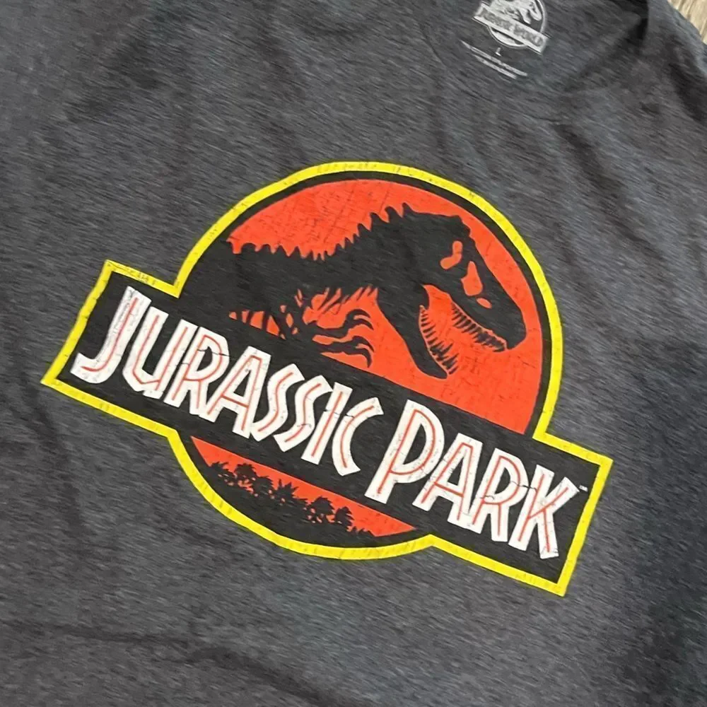 Jurassic Park T Rex Graphic T-Shirt Short Sleeve Crew Neck Heather Gray Sz Large